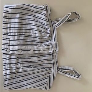 Cropped white and navy blue striped tank top.